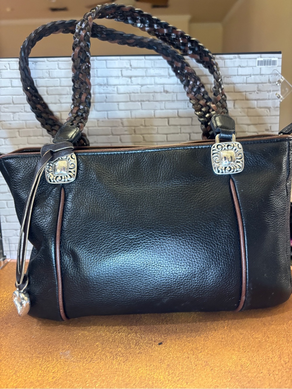Brighton Black Shoulder Bag with Brown Trim and Braided Handles